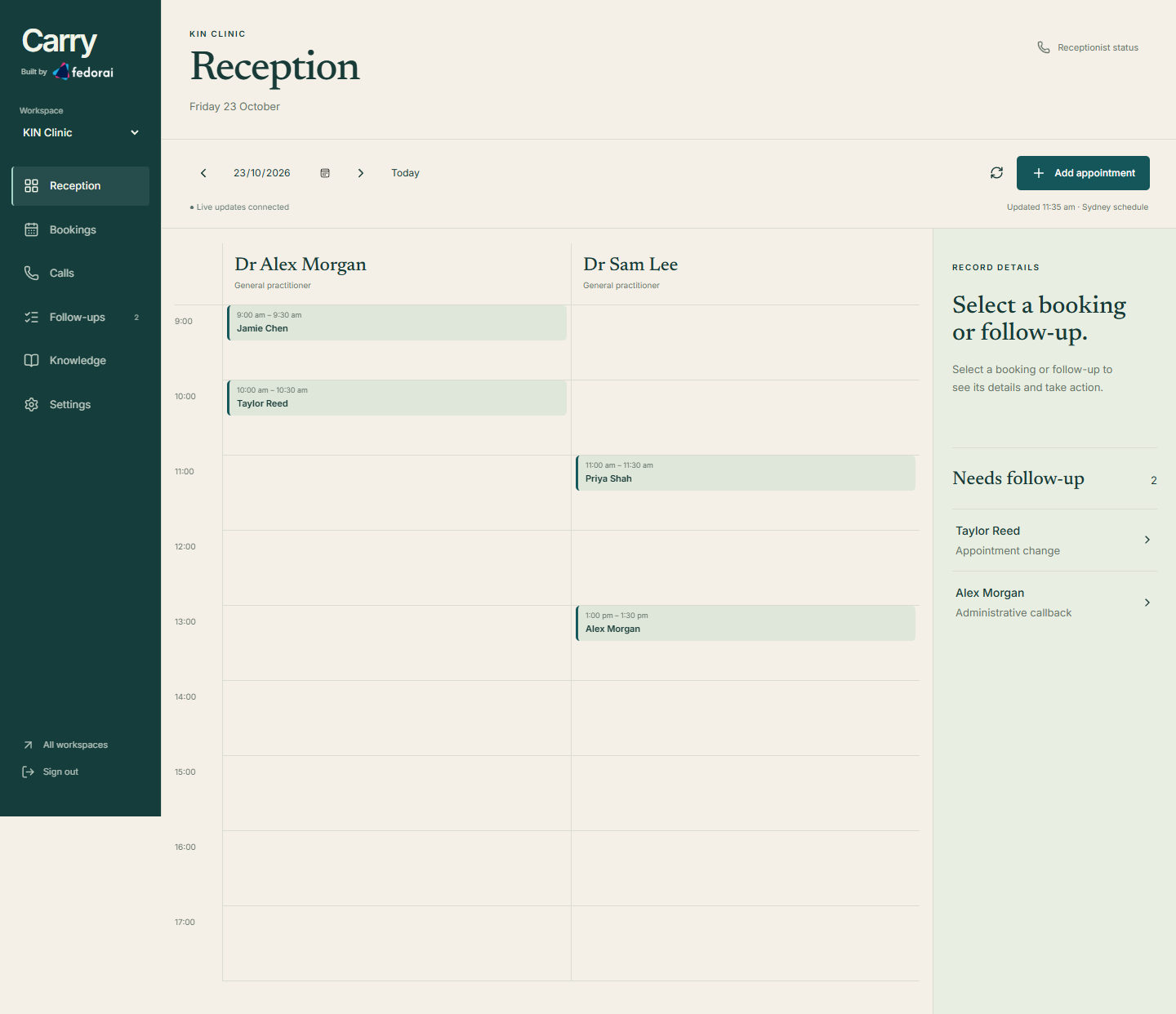Carry clinic reception with practitioner appointment lanes and an administrative callback queue.