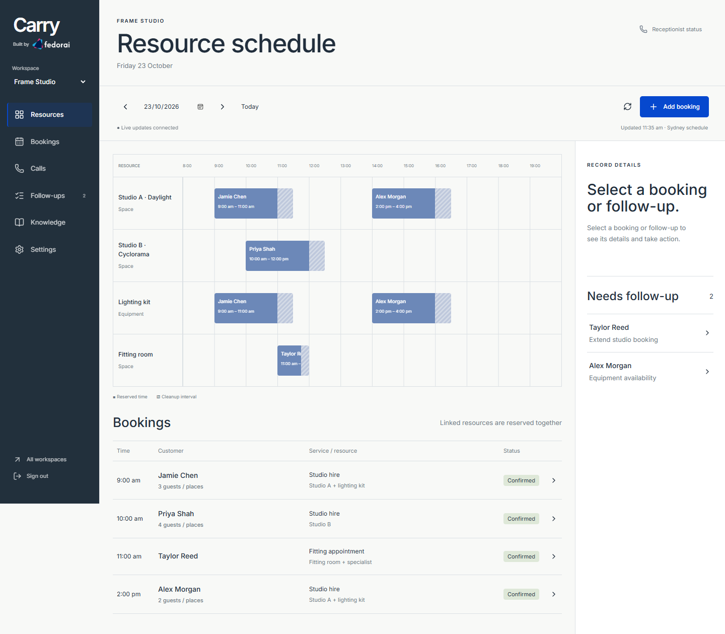 Carry resource schedule with studio spaces, equipment allocations, bookings and cleanup intervals.