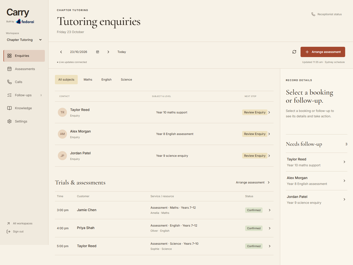 Carry tutoring workspace with subject filters, student enquiries and upcoming academic assessments.