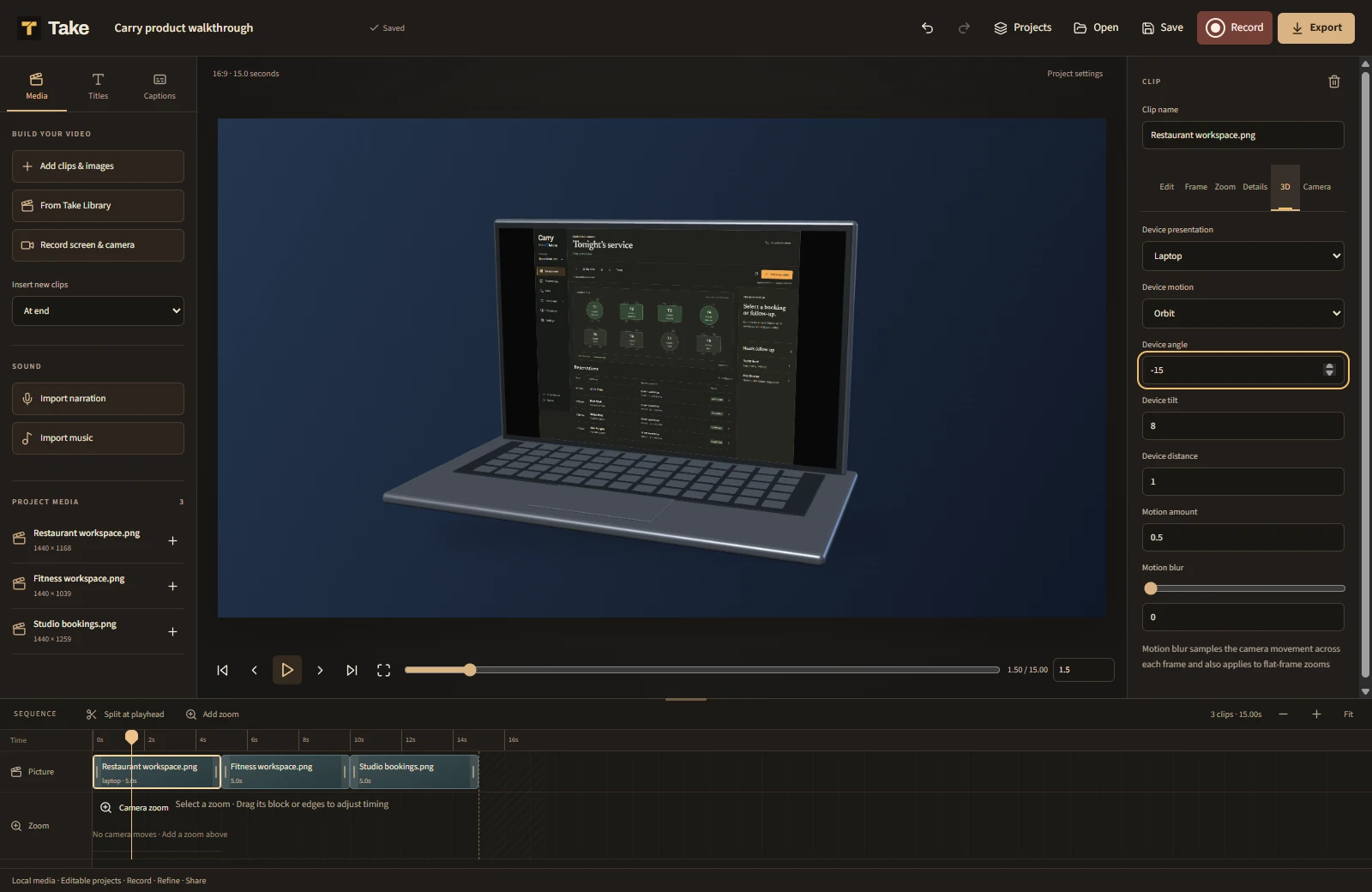 Take presenting a clip inside a 3D laptop with editable motion, angle and perspective.