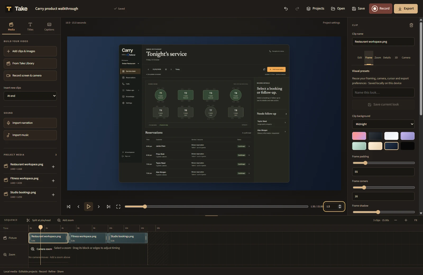 Take's editing workspace with a media library, video preview, framing controls and a multitrack timeline.