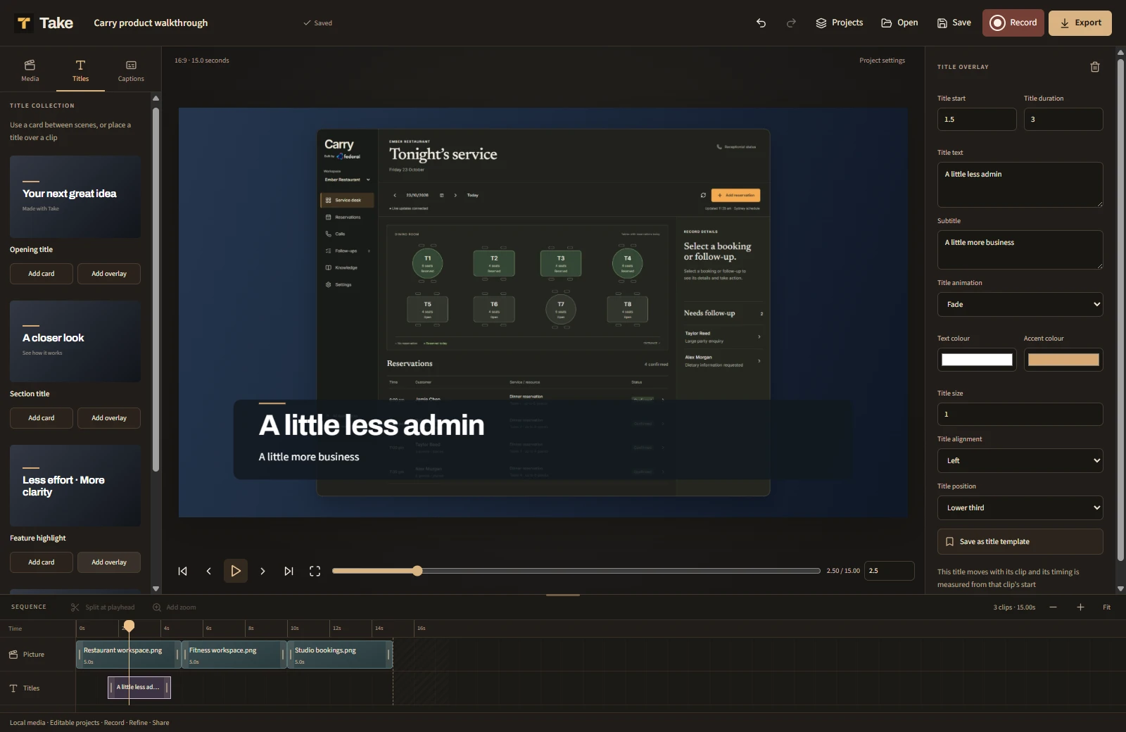 Take adding an editable title overlay with templates, text controls and a separate title track.